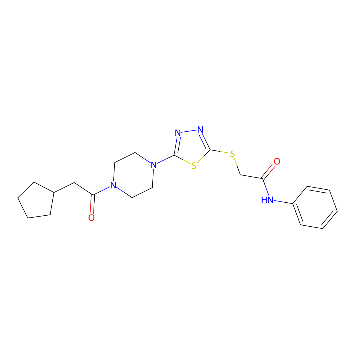 2-((5-(4-(2-cyclopentylacetyl)piperazin-1-yl)-1,3,4-thiadiazol-2-yl)thio)-N-phenylacetamide molecular structure, CAS 1105198-69-3