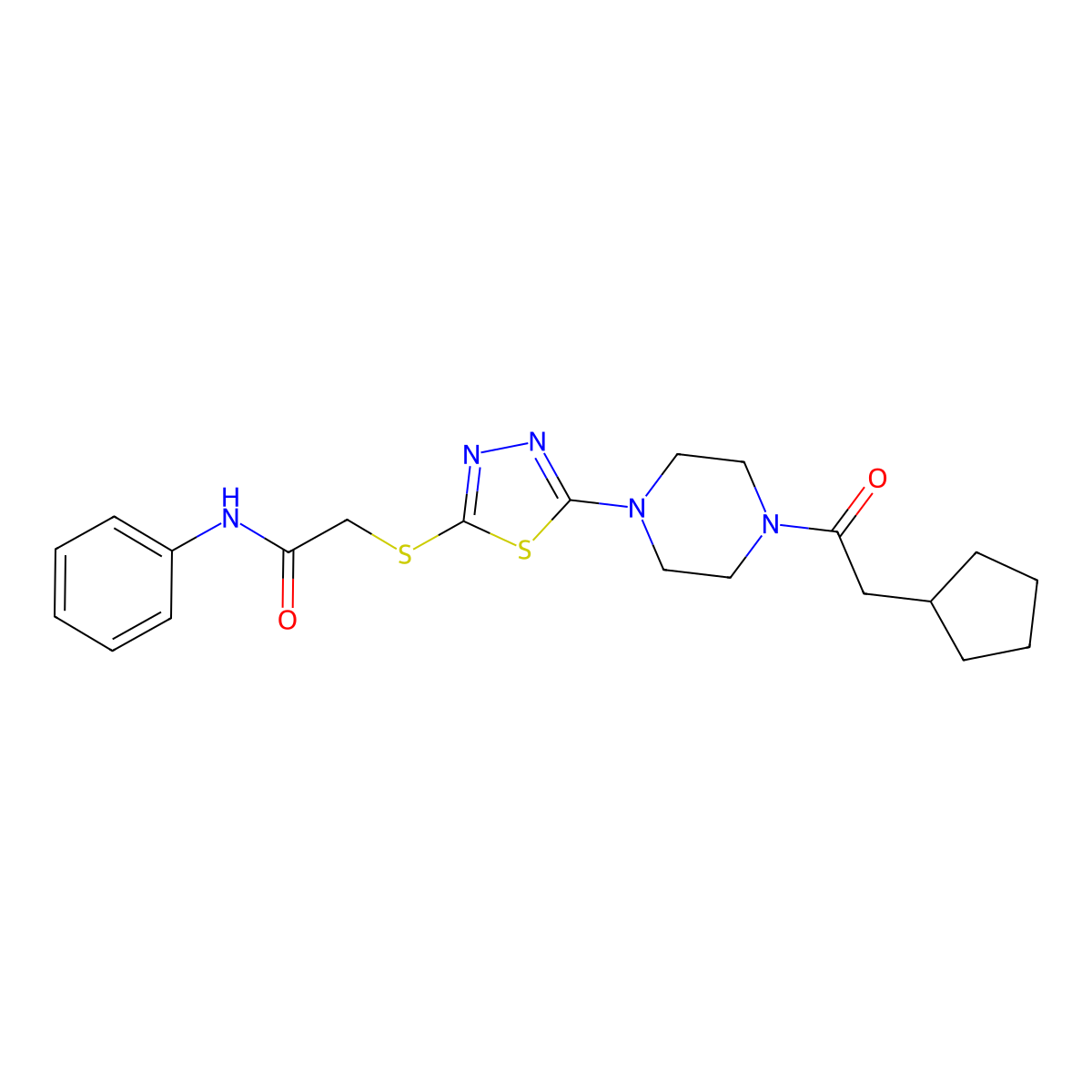 2-((5-(4-(2-cyclopentylacetyl)piperazin-1-yl)-1,3,4-thiadiazol-2-yl)thio)-N-phenylacetamide molecular structure, CAS 1105198-69-3