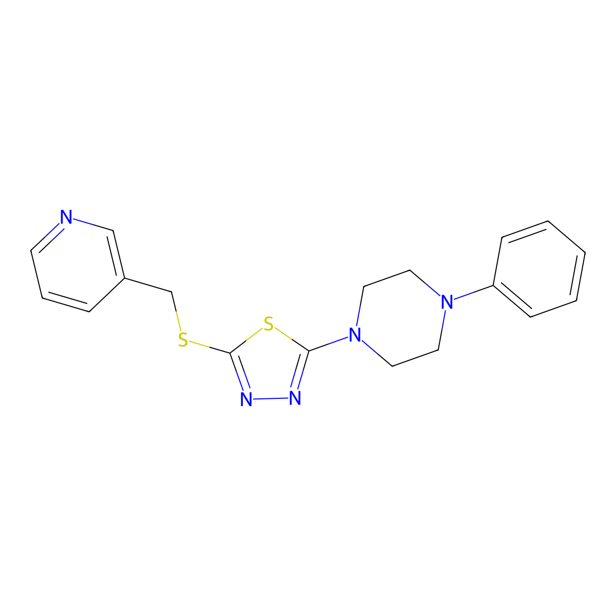 2-(4-Phenylpiperazin-1-yl)-5-((pyridin-3-ylmethyl)thio)-1,3,4-thiadiazole molecular structure, CAS 1105198-77-3