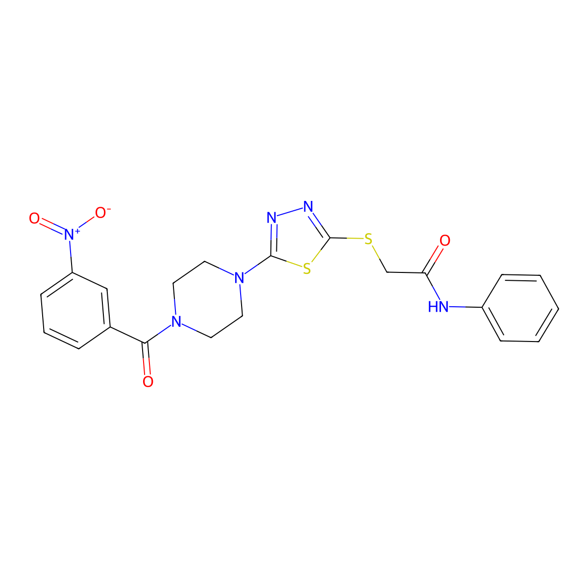 2-((5-(4-(3-nitrobenzoyl)piperazin-1-yl)-1,3,4-thiadiazol-2-yl)thio)-N-phenylacetamide molecular structure, CAS 1105198-81-9