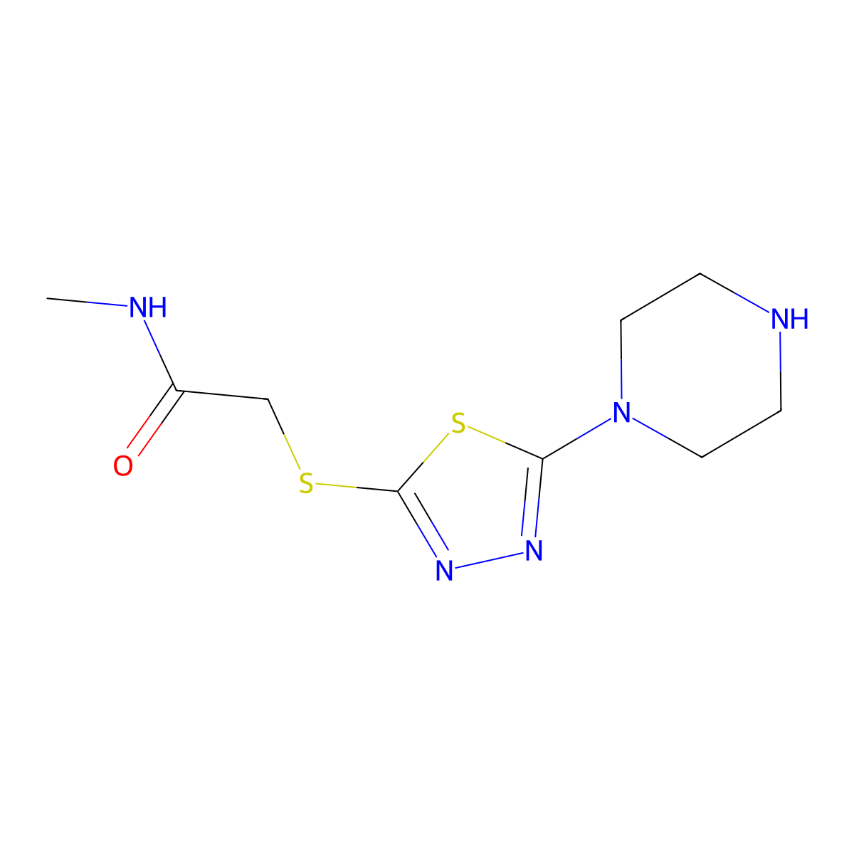N-methyl-2-{[5-(piperazin-1-yl)-1,3,4-thiadiazol-2-yl]sulfanyl}acetamide molecular structure, CAS 1105198-82-0