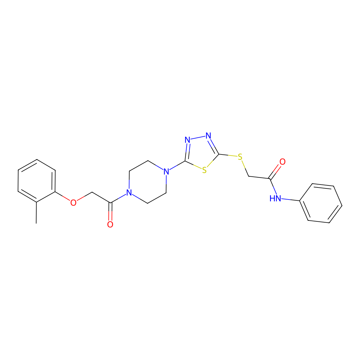 N-phenyl-2-((5-(4-(2-(o-tolyloxy)acetyl)piperazin-1-yl)-1,3,4-thiadiazol-2-yl)thio)acetamide molecular structure, CAS 1105198-87-5
