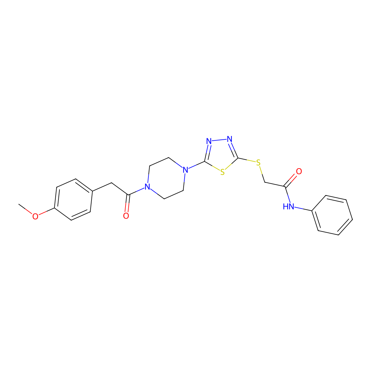 2-((5-(4-(2-(4-methoxyphenyl)acetyl)piperazin-1-yl)-1,3,4-thiadiazol-2-yl)thio)-N-phenylacetamide molecular structure, CAS 1105198-93-3