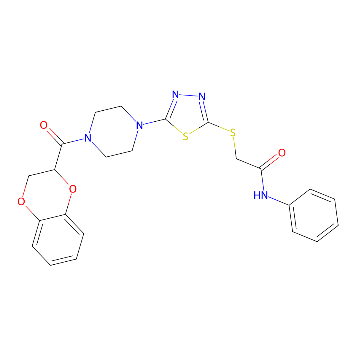 2-((5-(4-(2,3-dihydrobenzo[b][1,4]dioxine-2-carbonyl)piperazin-1-yl)-1,3,4-thiadiazol-2-yl)thio)-N-phenylacetamide molecular structure, CAS 1105199-00-5