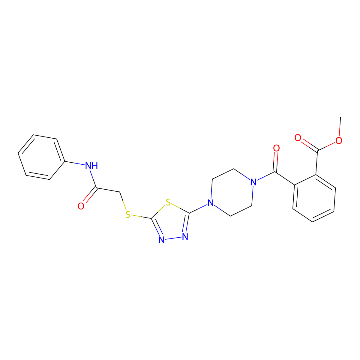 Methyl 2-(4-(5-((2-oxo-2-(phenylamino)ethyl)thio)-1,3,4-thiadiazol-2-yl)piperazine-1-carbonyl)benzoate molecular structure, CAS 1105199-07-2