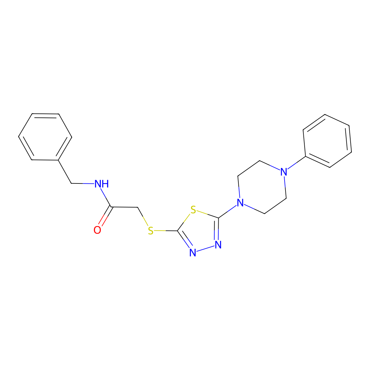 N-benzyl-2-((5-(4-phenylpiperazin-1-yl)-1,3,4-thiadiazol-2-yl)thio)acetamide molecular structure, CAS 1105199-08-3