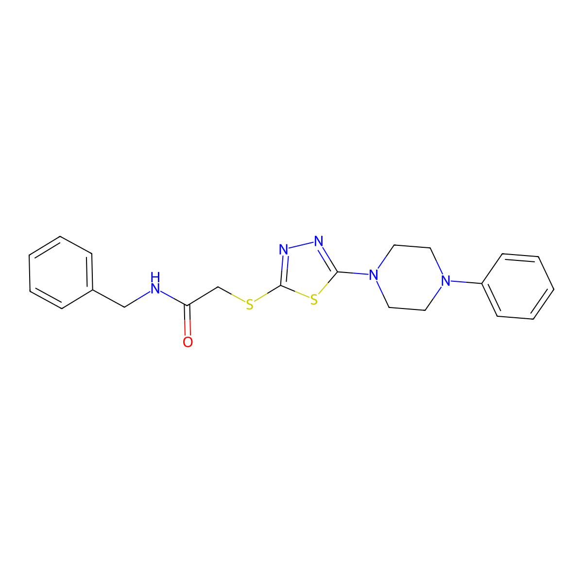 N-benzyl-2-((5-(4-phenylpiperazin-1-yl)-1,3,4-thiadiazol-2-yl)thio)acetamide molecular structure, CAS 1105199-08-3