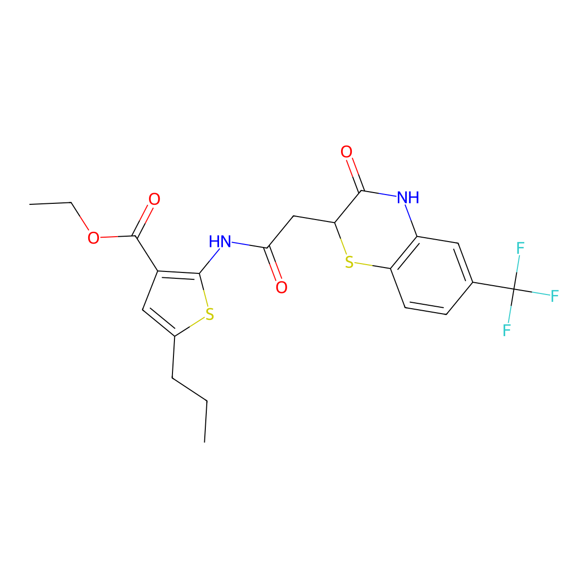ethyl 2-({[3-oxo-6-(trifluoromethyl)-3,4-dihydro-2H-1,4-benzothiazin-2-yl]acetyl}amino)-5-propylthiophene-3-carboxylate molecular structure, CAS 1105199-09-4