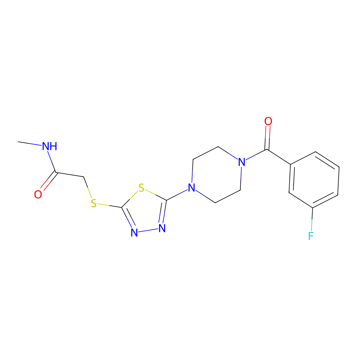2-((5-(4-(3-fluorobenzoyl)piperazin-1-yl)-1,3,4-thiadiazol-2-yl)thio)-N-methylacetamide molecular structure, CAS 1105199-19-6