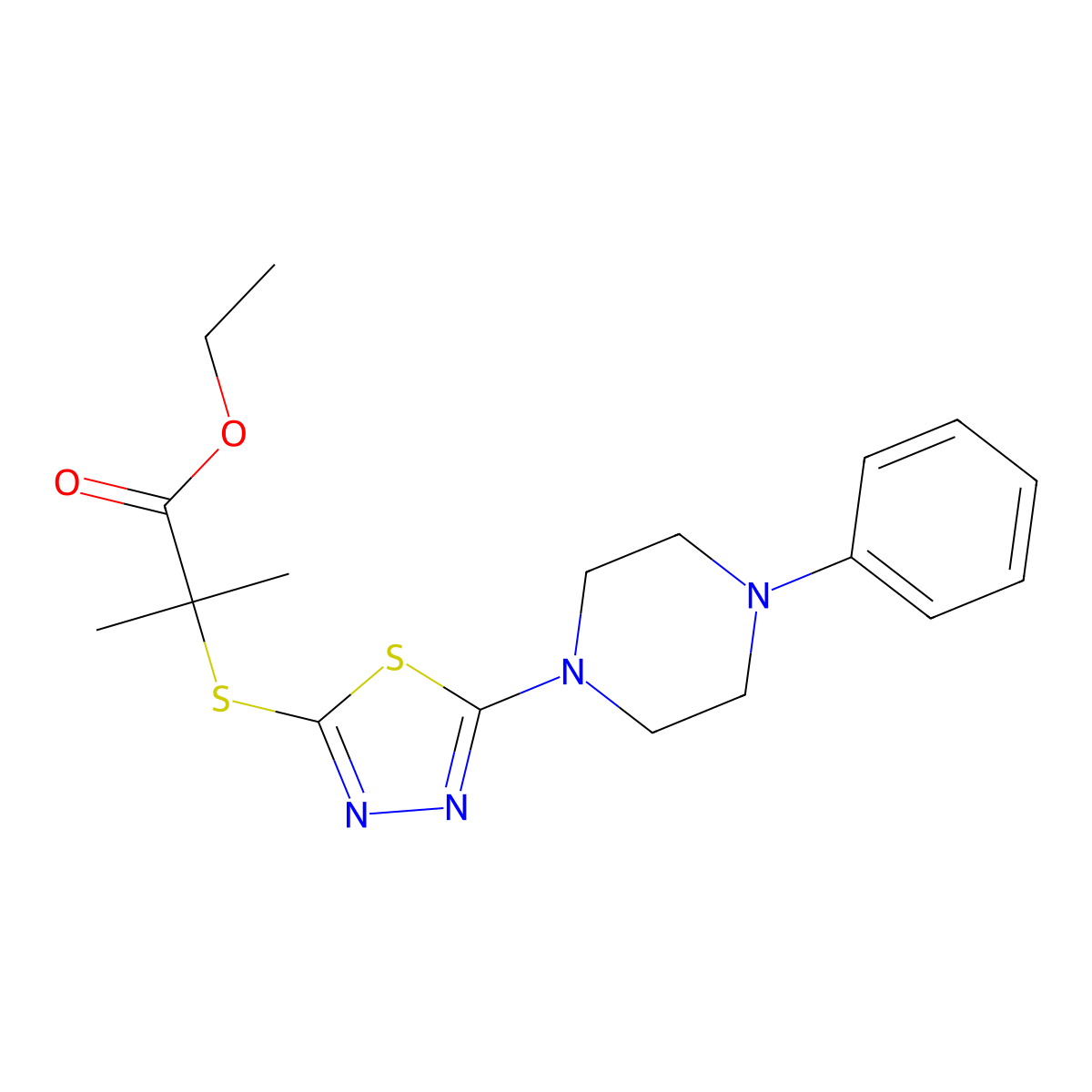 Ethyl 2-methyl-2-((5-(4-phenylpiperazin-1-yl)-1,3,4-thiadiazol-2-yl)thio)propanoate molecular structure, CAS 1105199-26-5