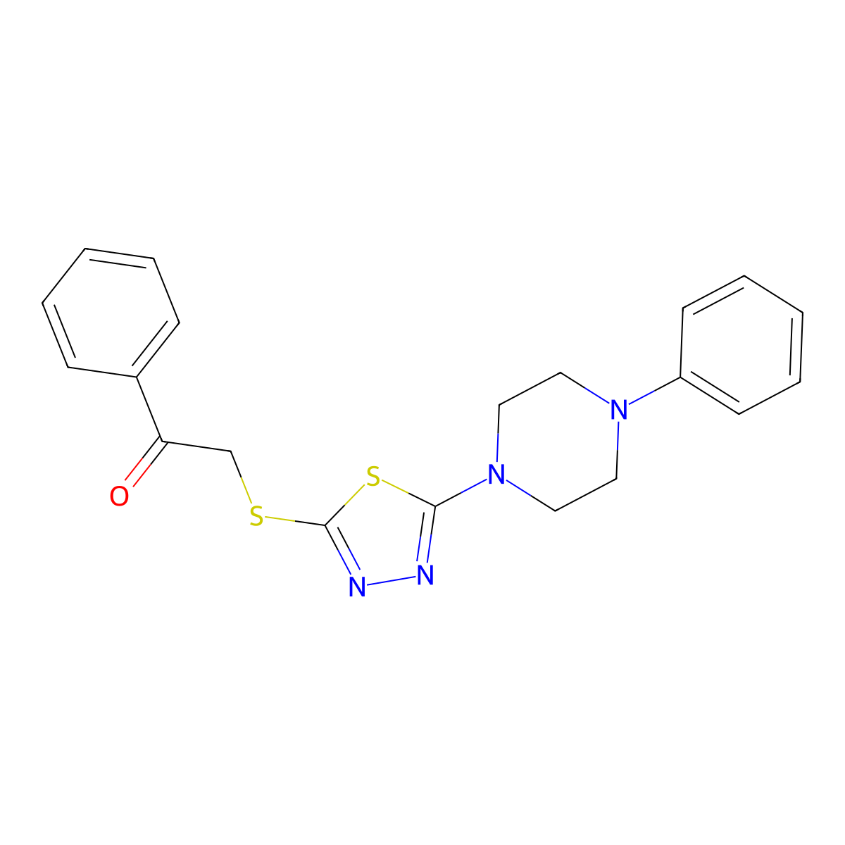 1-Phenyl-2-((5-(4-phenylpiperazin-1-yl)-1,3,4-thiadiazol-2-yl)thio)ethanone molecular structure, CAS 1105199-32-3