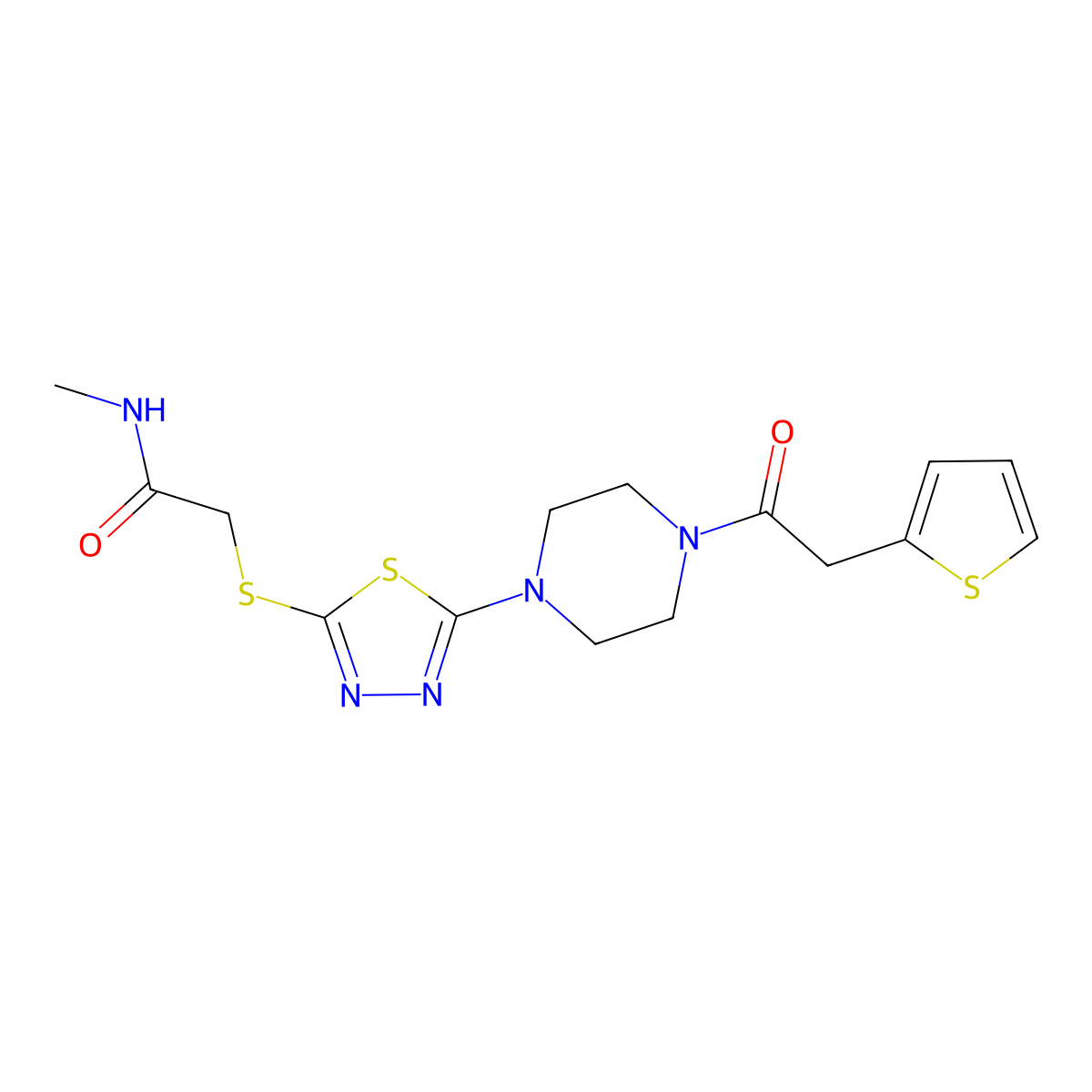 N-methyl-2-((5-(4-(2-(thiophen-2-yl)acetyl)piperazin-1-yl)-1,3,4-thiadiazol-2-yl)thio)acetamide molecular structure, CAS 1105199-37-8