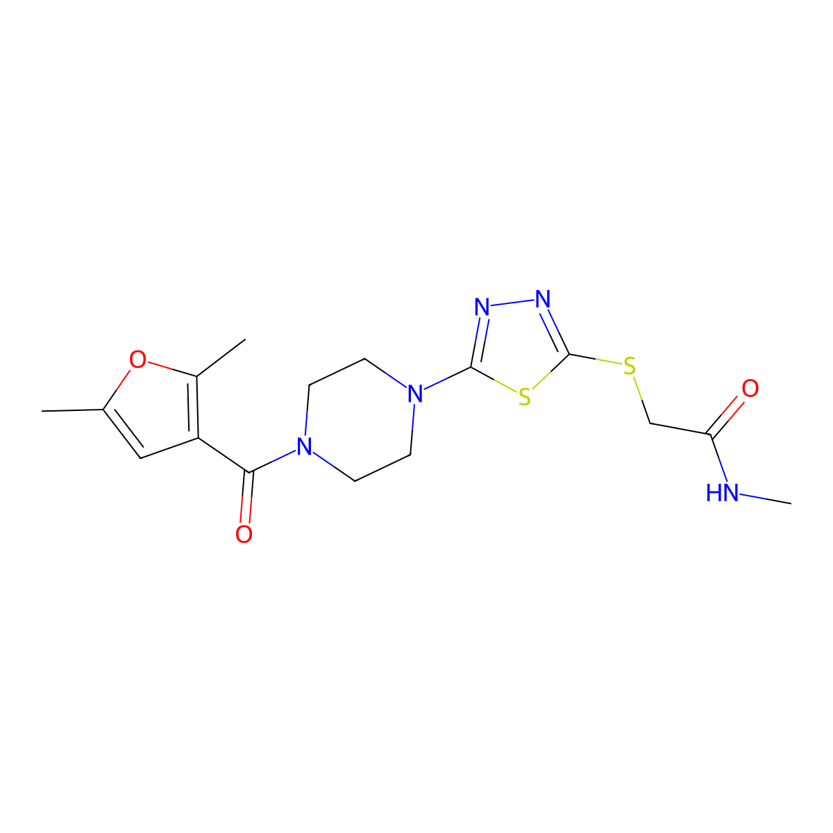 2-((5-(4-(2,5-dimethylfuran-3-carbonyl)piperazin-1-yl)-1,3,4-thiadiazol-2-yl)thio)-N-methylacetamide molecular structure, CAS 1105199-43-6