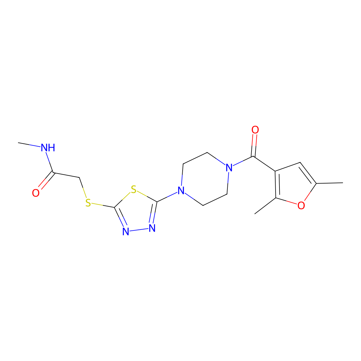 2-((5-(4-(2,5-dimethylfuran-3-carbonyl)piperazin-1-yl)-1,3,4-thiadiazol-2-yl)thio)-N-methylacetamide molecular structure, CAS 1105199-43-6