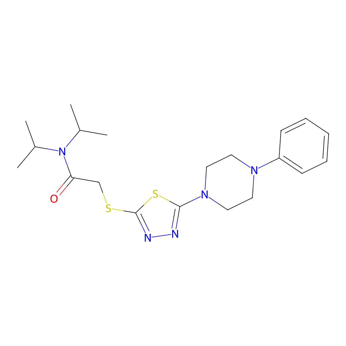 N,N-diisopropyl-2-((5-(4-phenylpiperazin-1-yl)-1,3,4-thiadiazol-2-yl)thio)acetamide molecular structure, CAS 1105199-49-2