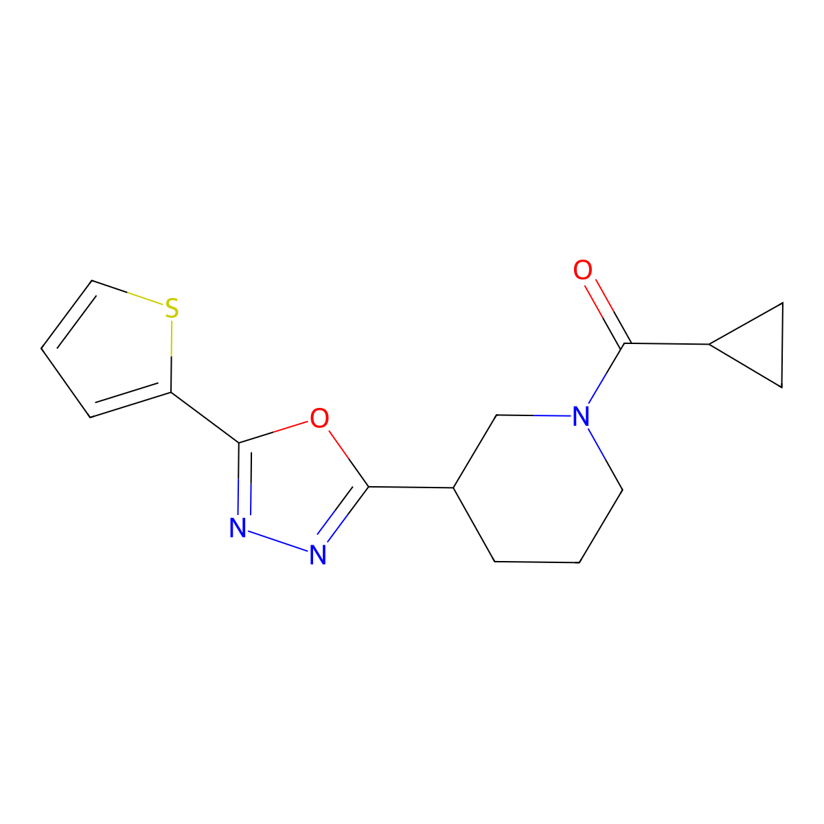 Cyclopropyl(3-(5-(thiophen-2-yl)-1,3,4-oxadiazol-2-yl)piperidin-1-yl)methanone molecular structure, CAS 1105199-62-9