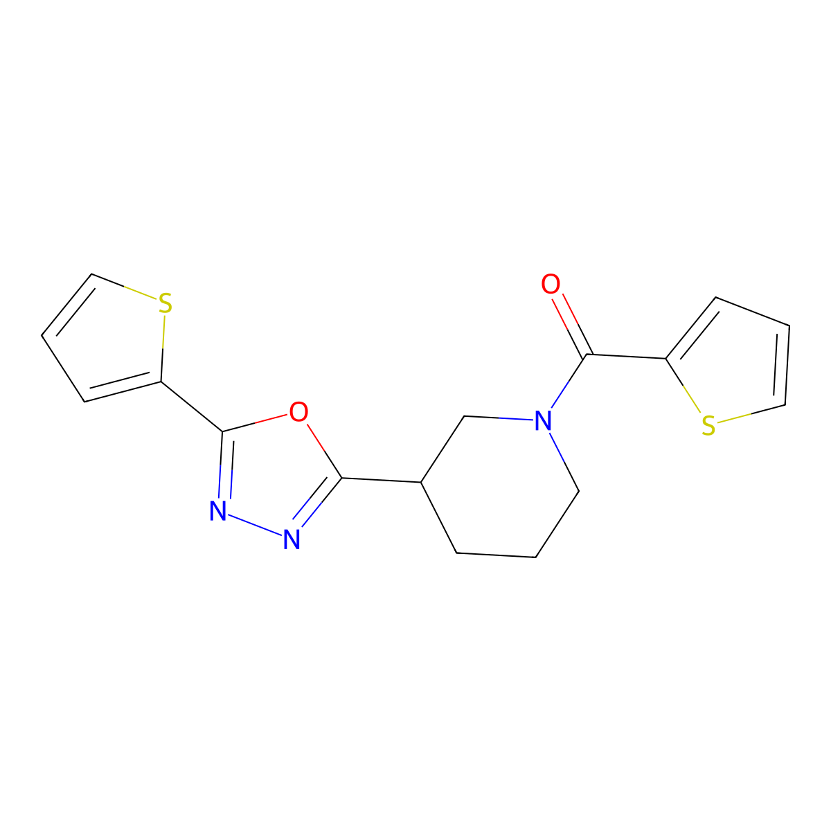 Thiophen-2-yl(3-(5-(thiophen-2-yl)-1,3,4-oxadiazol-2-yl)piperidin-1-yl)methanone molecular structure, CAS 1105199-69-6