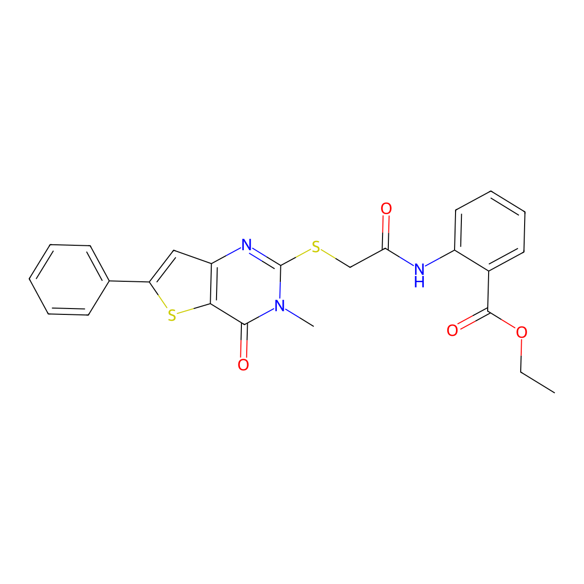 ethyl 2-[2-({3-methyl-4-oxo-6-phenyl-3H,4H-thieno[3,2-d]pyrimidin-2-yl}sulfanyl)acetamido]benzoate molecular structure, CAS 1105199-71-0