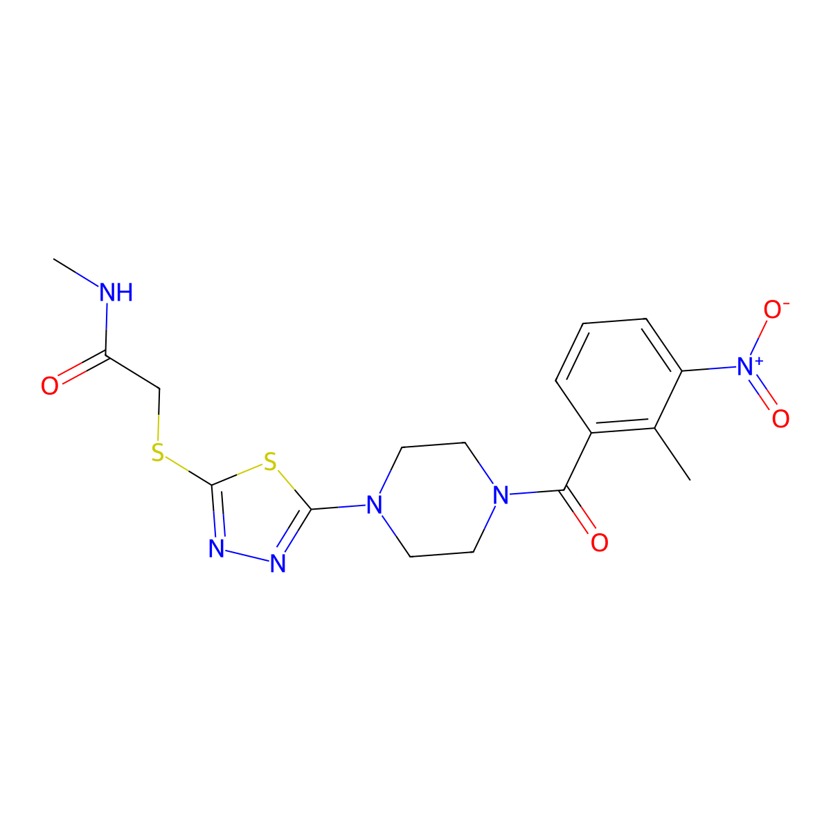 N-methyl-2-((5-(4-(2-methyl-3-nitrobenzoyl)piperazin-1-yl)-1,3,4-thiadiazol-2-yl)thio)acetamide molecular structure, CAS 1105199-75-4