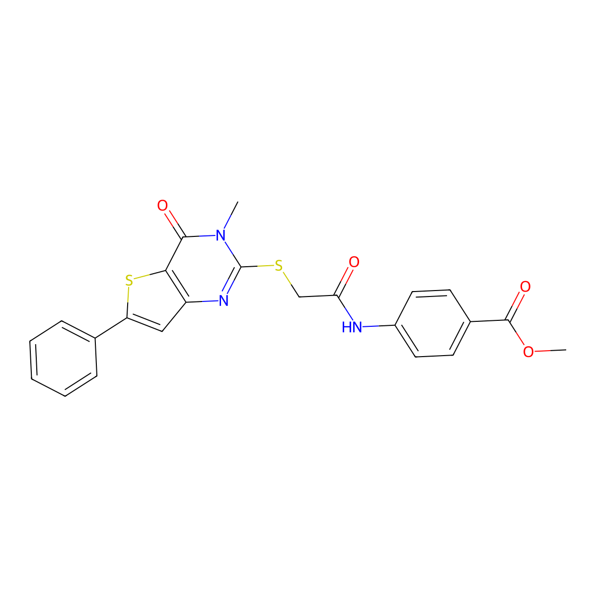 methyl 4-[2-({3-methyl-4-oxo-6-phenyl-3H,4H-thieno[3,2-d]pyrimidin-2-yl}sulfanyl)acetamido]benzoate molecular structure, CAS 1105199-78-7