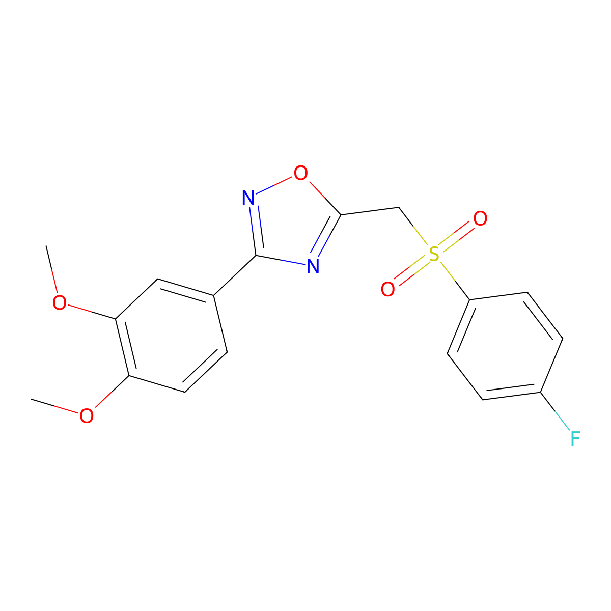 3-(3,4-Dimethoxyphenyl)-5-(((4-fluorophenyl)sulfonyl)methyl)-1,2,4-oxadiazole molecular structure, CAS 1105199-80-1