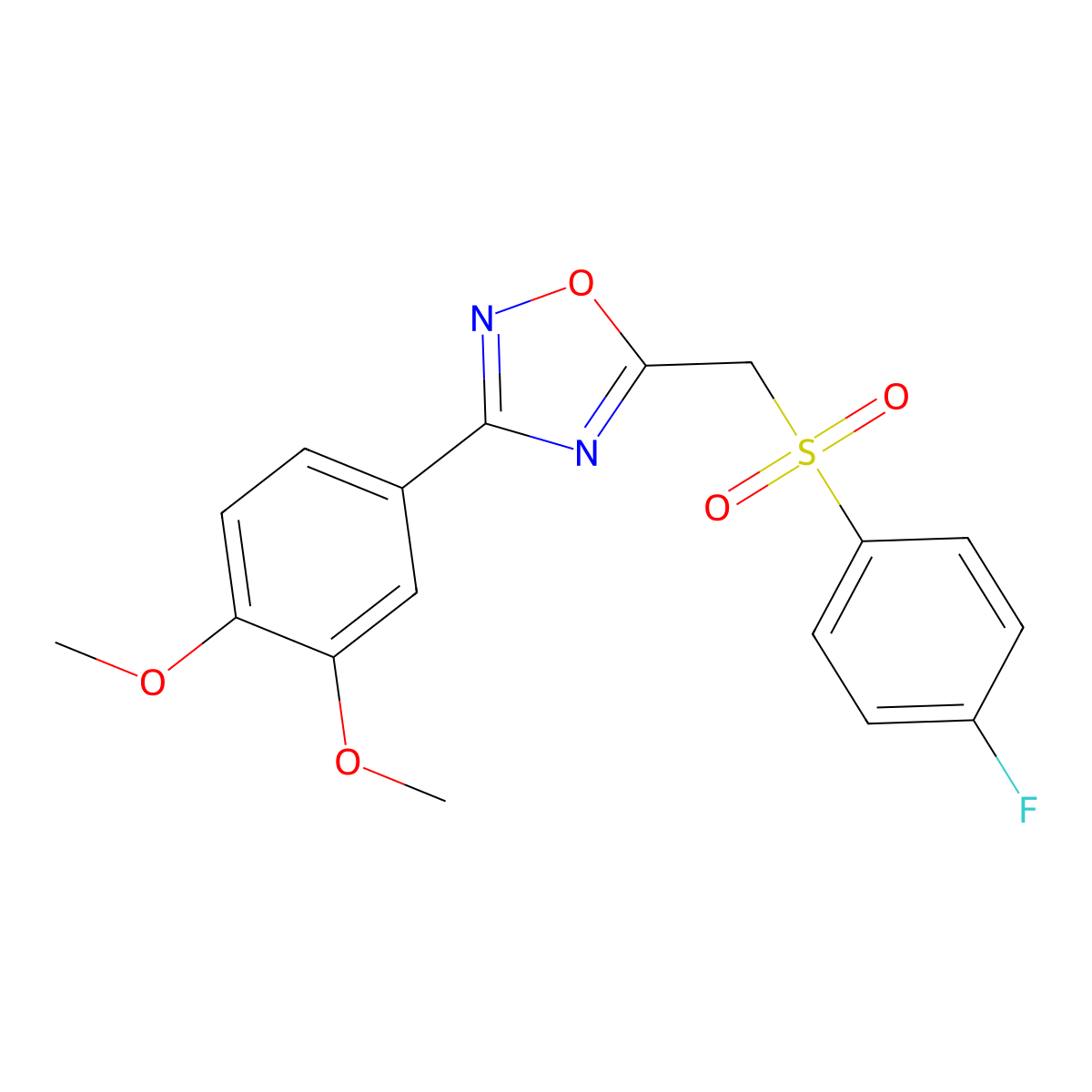 3-(3,4-Dimethoxyphenyl)-5-(((4-fluorophenyl)sulfonyl)methyl)-1,2,4-oxadiazole molecular structure, CAS 1105199-80-1