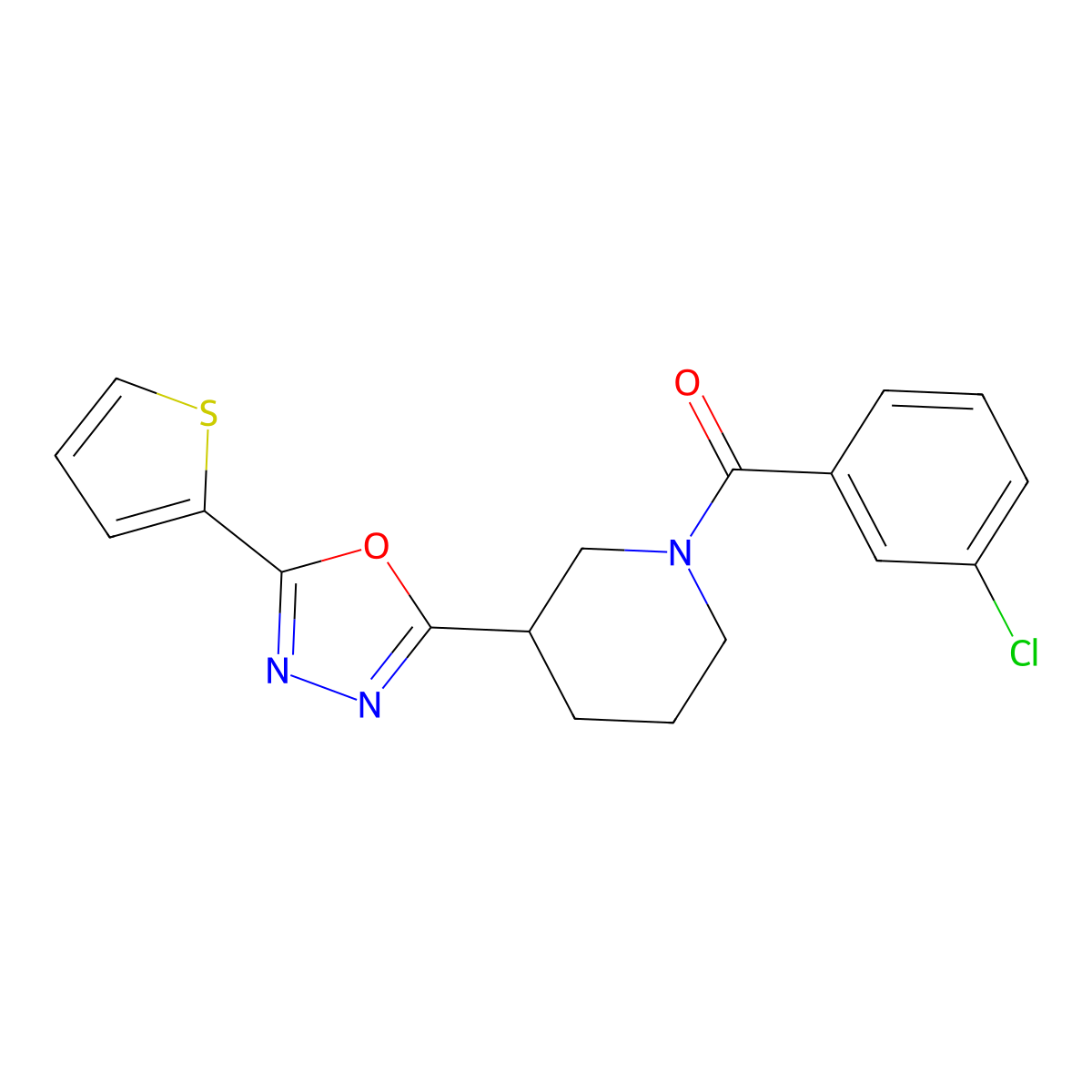 (3-Chlorophenyl)(3-(5-(thiophen-2-yl)-1,3,4-oxadiazol-2-yl)piperidin-1-yl)methanone molecular structure, CAS 1105199-97-0