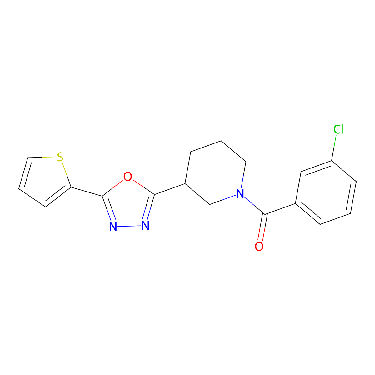 (3-Chlorophenyl)(3-(5-(thiophen-2-yl)-1,3,4-oxadiazol-2-yl)piperidin-1-yl)methanone molecular structure, CAS 1105199-97-0