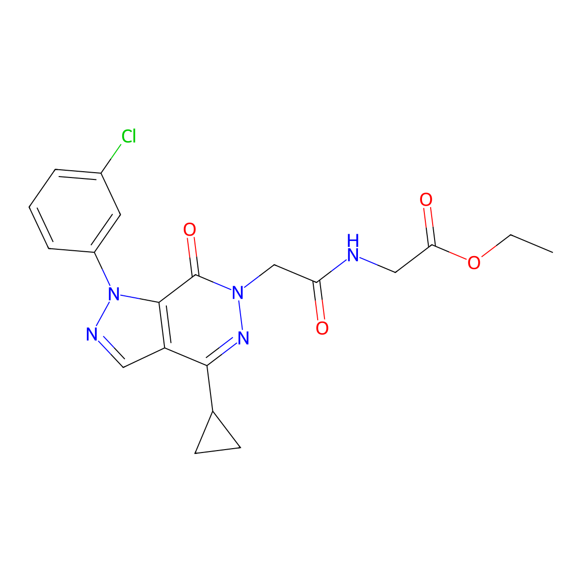 ethyl 2-(2-(1-(3-chlorophenyl)-4-cyclopropyl-7-oxo-1H-pyrazolo[3,4-d]pyridazin-6(7H)-yl)acetamido)acetate molecular structure, CAS 1105200-02-9