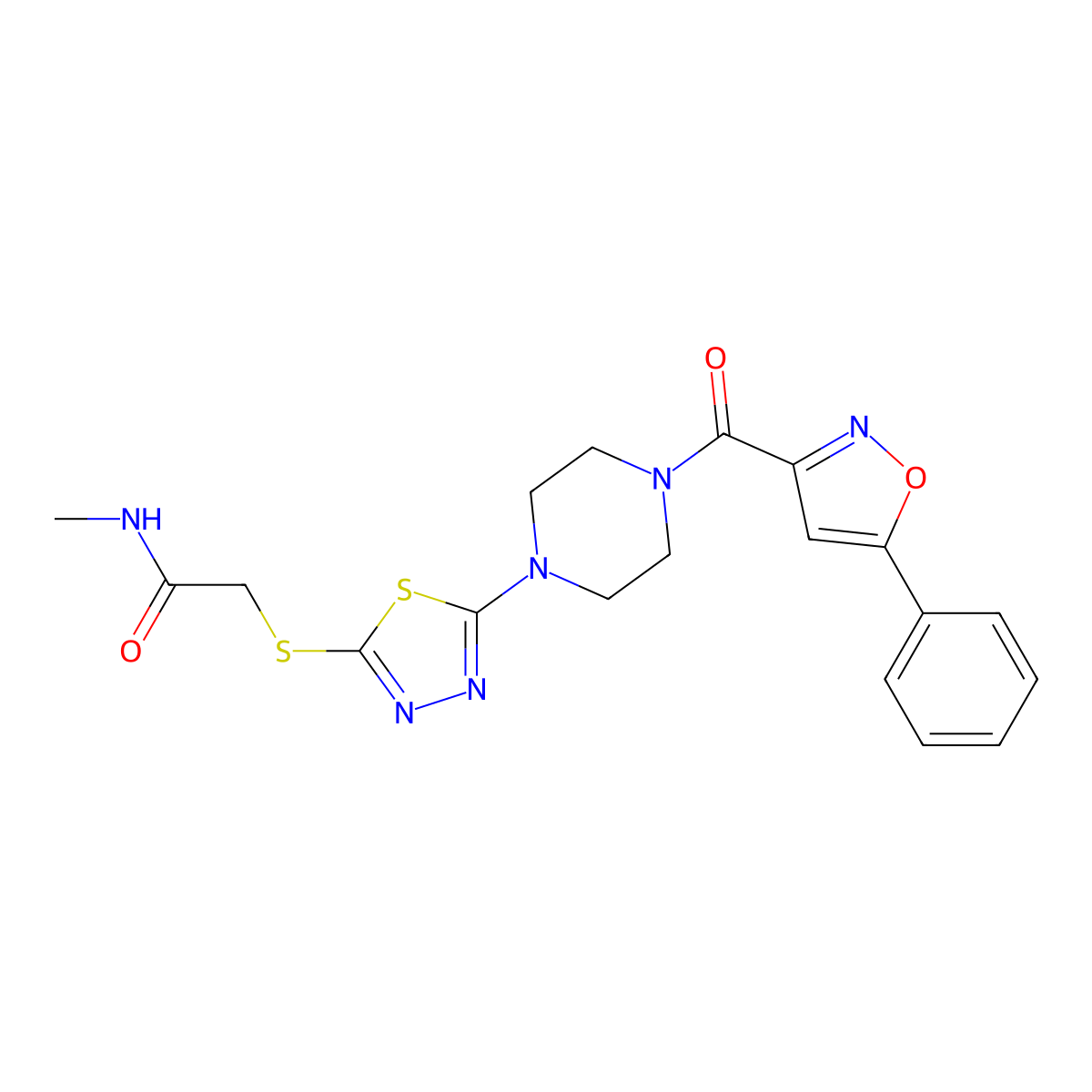 N-methyl-2-((5-(4-(5-phenylisoxazole-3-carbonyl)piperazin-1-yl)-1,3,4-thiadiazol-2-yl)thio)acetamide molecular structure, CAS 1105200-03-0