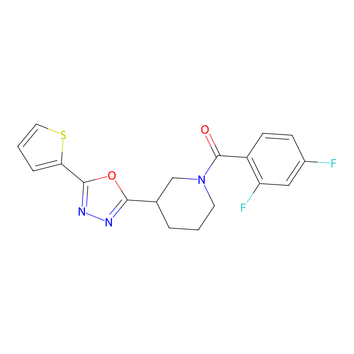 (2,4-Difluorophenyl)(3-(5-(thiophen-2-yl)-1,3,4-oxadiazol-2-yl)piperidin-1-yl)methanone molecular structure, CAS 1105200-04-1
