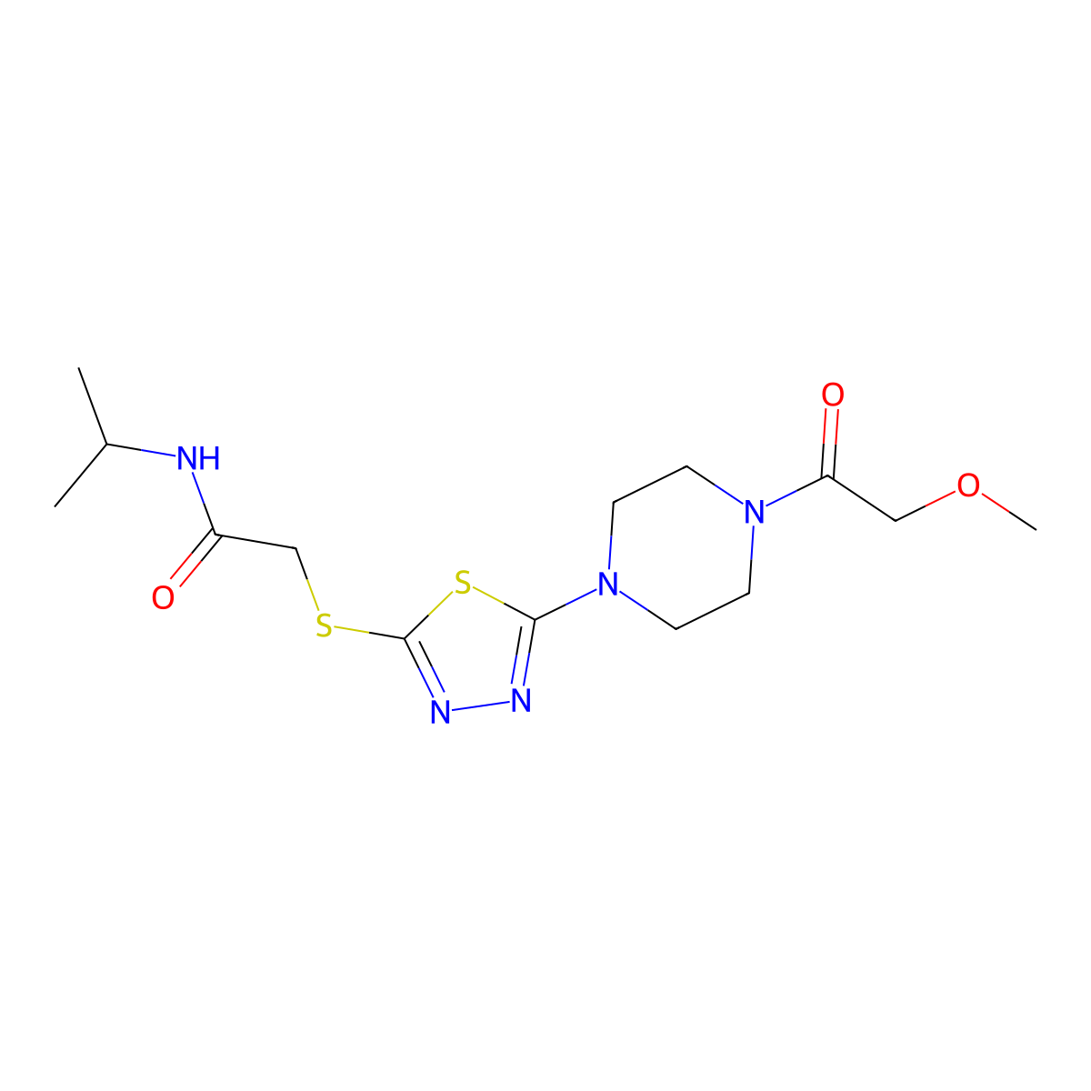 N-isopropyl-2-((5-(4-(2-methoxyacetyl)piperazin-1-yl)-1,3,4-thiadiazol-2-yl)thio)acetamide molecular structure, CAS 1105200-11-0