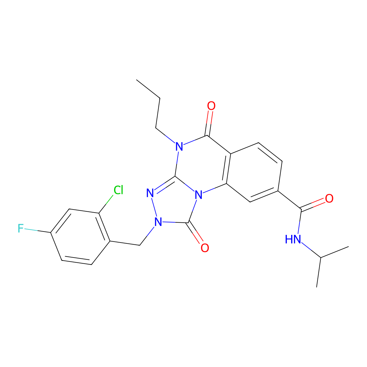 2-(2-chloro-4-fluorobenzyl)-N-isopropyl-1,5-dioxo-4-propyl-1,2,4,5-tetrahydro-[1,2,4]triazolo[4,3-a]quinazoline-8-carboxamide molecular structure, CAS 1105200-21-2