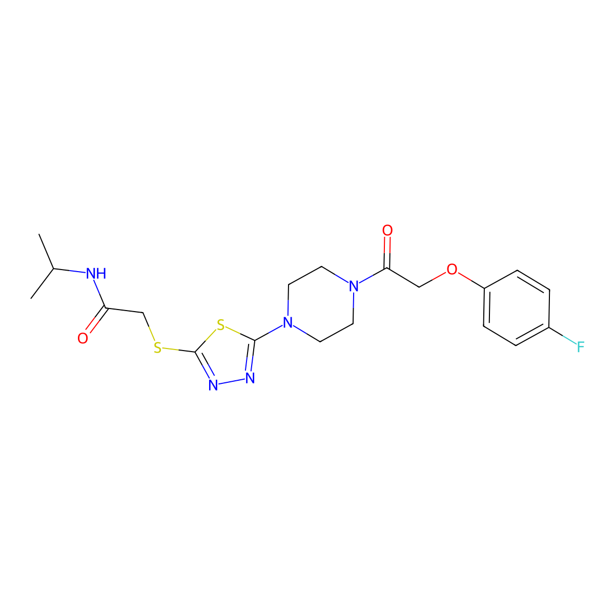 2-((5-(4-(2-(4-fluorophenoxy)acetyl)piperazin-1-yl)-1,3,4-thiadiazol-2-yl)thio)-N-isopropylacetamide molecular structure, CAS 1105200-27-8