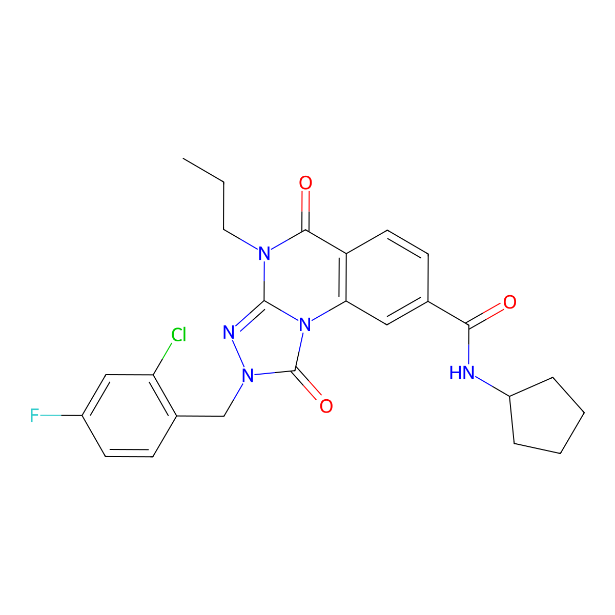 2-(2-chloro-4-fluorobenzyl)-N-cyclopentyl-1,5-dioxo-4-propyl-1,2,4,5-tetrahydro[1,2,4]triazolo[4,3-a]quinazoline-8-carboxamide molecular structure, CAS 1105200-37-0