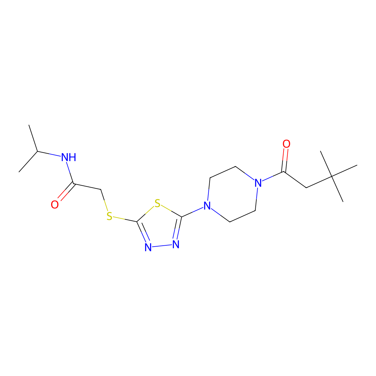 2-((5-(4-(3,3-dimethylbutanoyl)piperazin-1-yl)-1,3,4-thiadiazol-2-yl)thio)-N-isopropylacetamide molecular structure, CAS 1105200-42-7