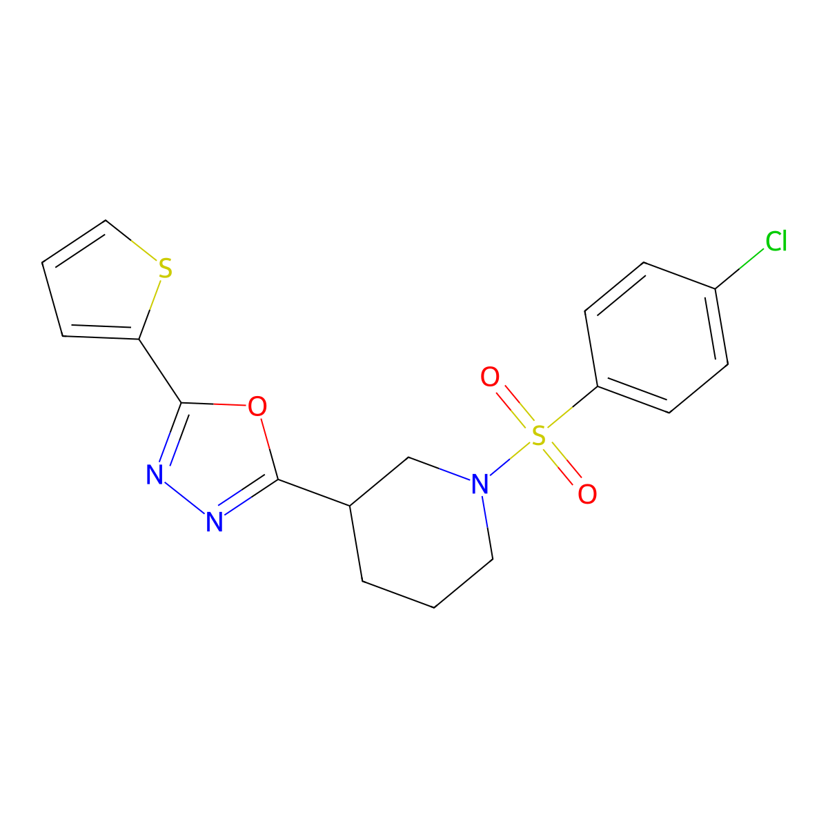 2-(1-((4-Chlorophenyl)sulfonyl)piperidin-3-yl)-5-(thiophen-2-yl)-1,3,4-oxadiazole molecular structure, CAS 1105200-58-5