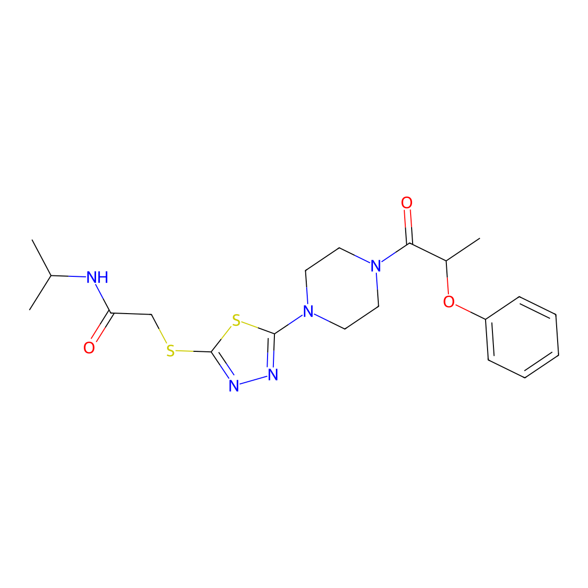N-isopropyl-2-((5-(4-(2-phenoxypropanoyl)piperazin-1-yl)-1,3,4-thiadiazol-2-yl)thio)acetamide molecular structure, CAS 1105200-65-4
