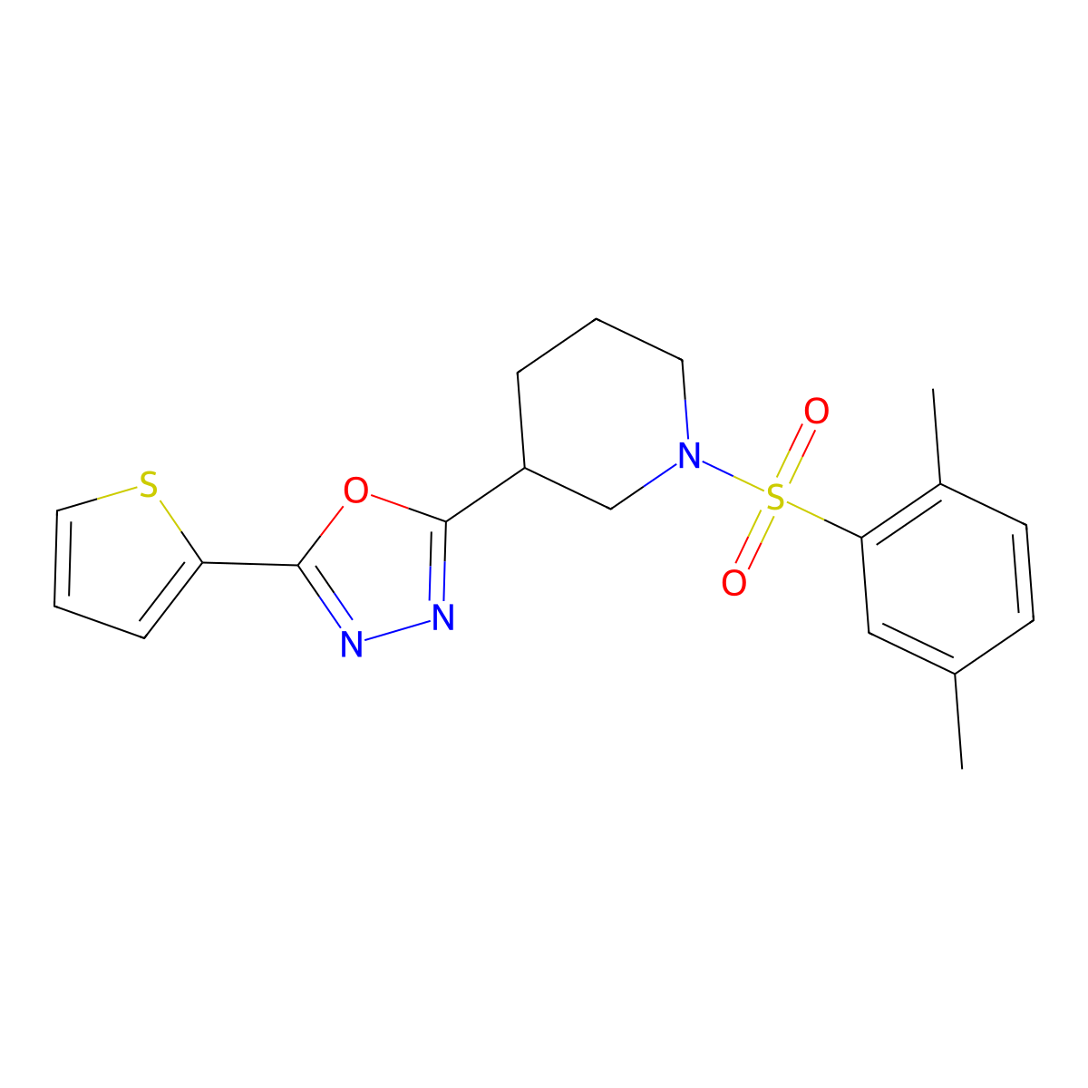 2-(1-((2,5-Dimethylphenyl)sulfonyl)piperidin-3-yl)-5-(thiophen-2-yl)-1,3,4-oxadiazole molecular structure, CAS 1105200-66-5