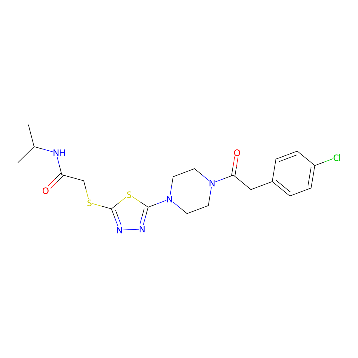 2-((5-(4-(2-(4-chlorophenyl)acetyl)piperazin-1-yl)-1,3,4-thiadiazol-2-yl)thio)-N-isopropylacetamide molecular structure, CAS 1105200-73-4