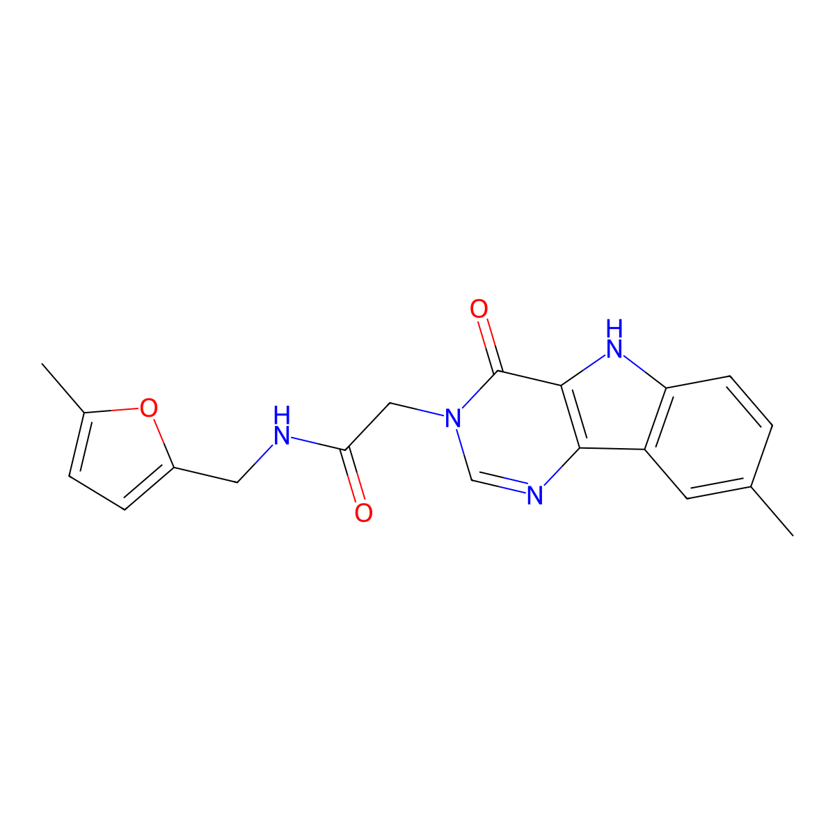 2-(8-methyl-4-oxo-4,5-dihydro-3H-pyrimido[5,4-b]indol-3-yl)-N-((5-methylfuran-2-yl)methyl)acetamide molecular structure, CAS 1105200-75-6