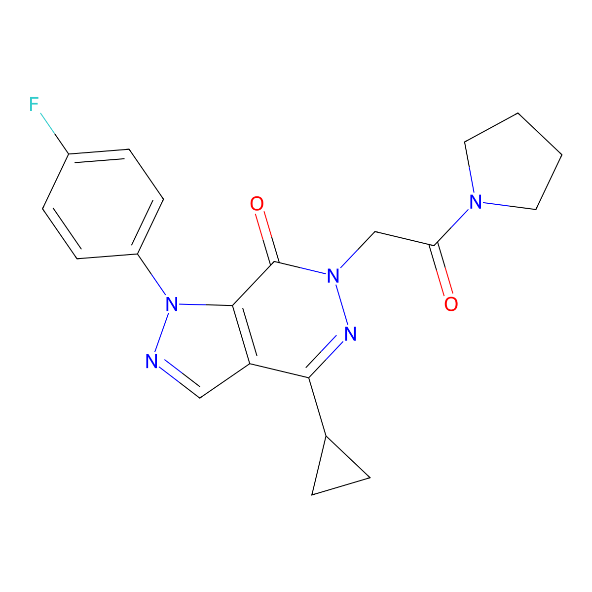 4-cyclopropyl-1-(4-fluorophenyl)-6-(2-oxo-2-(pyrrolidin-1-yl)ethyl)-1H-pyrazolo[3,4-d]pyridazin-7(6H)-one molecular structure, CAS 1105200-79-0