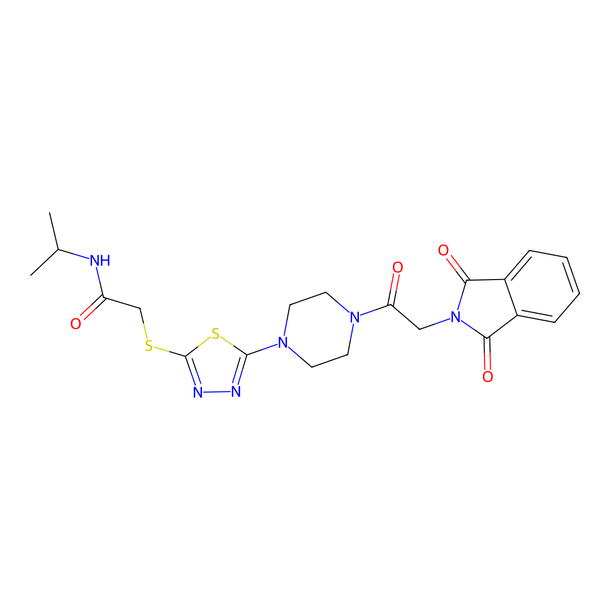 2-((5-(4-(2-(1,3-dioxoisoindolin-2-yl)acetyl)piperazin-1-yl)-1,3,4-thiadiazol-2-yl)thio)-N-isopropylacetamide molecular structure, CAS 1105200-80-3