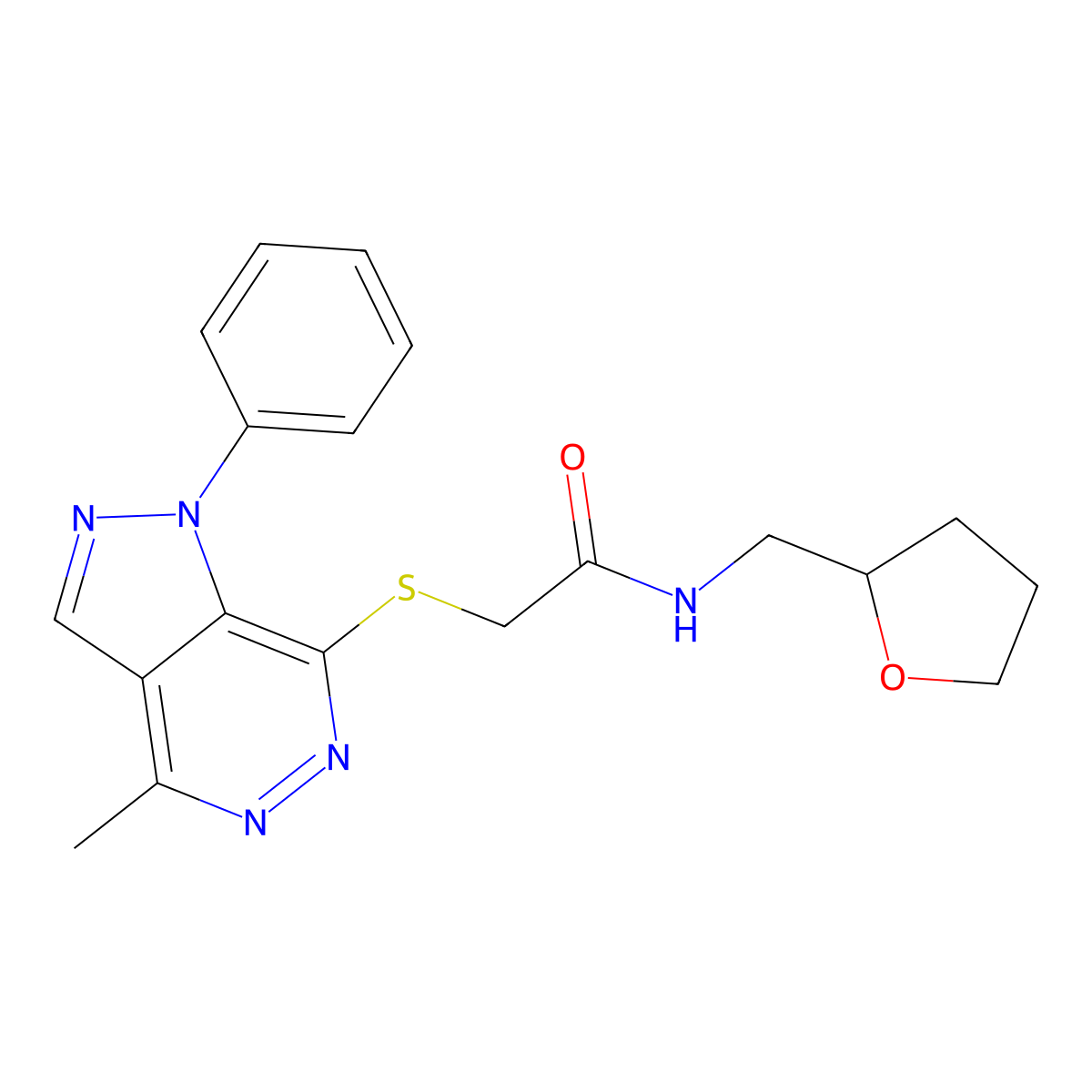 2-({4-methyl-1-phenyl-1H-pyrazolo[3,4-d]pyridazin-7-yl}sulfanyl)-N-[(oxolan-2-yl)methyl]acetamide molecular structure, CAS 1105200-86-9