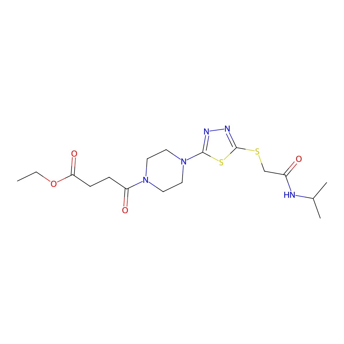 Ethyl 4-(4-(5-((2-(isopropylamino)-2-oxoethyl)thio)-1,3,4-thiadiazol-2-yl)piperazin-1-yl)-4-oxobutanoate molecular structure, CAS 1105200-88-1