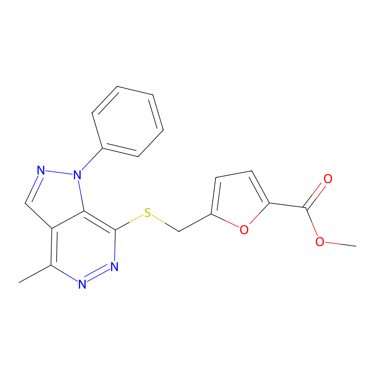 methyl 5-(((4-methyl-1-phenyl-1H-pyrazolo[3,4-d]pyridazin-7-yl)thio)methyl)furan-2-carboxylate molecular structure, CAS 1105200-94-9