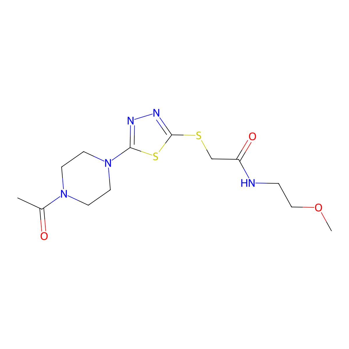 2-((5-(4-acetylpiperazin-1-yl)-1,3,4-thiadiazol-2-yl)thio)-N-(2-methoxyethyl)acetamide molecular structure, CAS 1105200-96-1