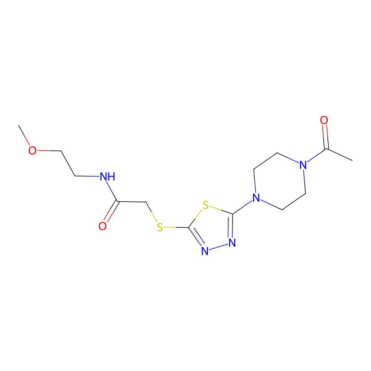 2-((5-(4-acetylpiperazin-1-yl)-1,3,4-thiadiazol-2-yl)thio)-N-(2-methoxyethyl)acetamide molecular structure, CAS 1105200-96-1