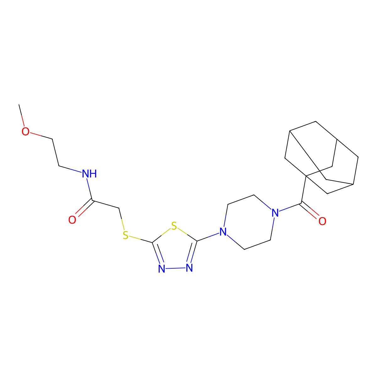 2-({5-[4-(adamantane-1-carbonyl)piperazin-1-yl]-1,3,4-thiadiazol-2-yl}sulfanyl)-N-(2-methoxyethyl)acetamide molecular structure, CAS 1105201-04-4