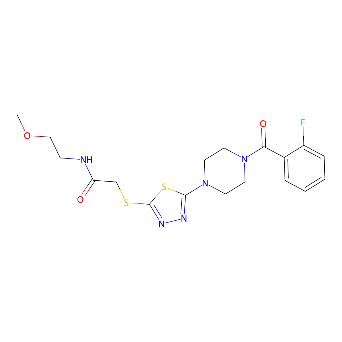 2-((5-(4-(2-fluorobenzoyl)piperazin-1-yl)-1,3,4-thiadiazol-2-yl)thio)-N-(2-methoxyethyl)acetamide molecular structure, CAS 1105201-12-4